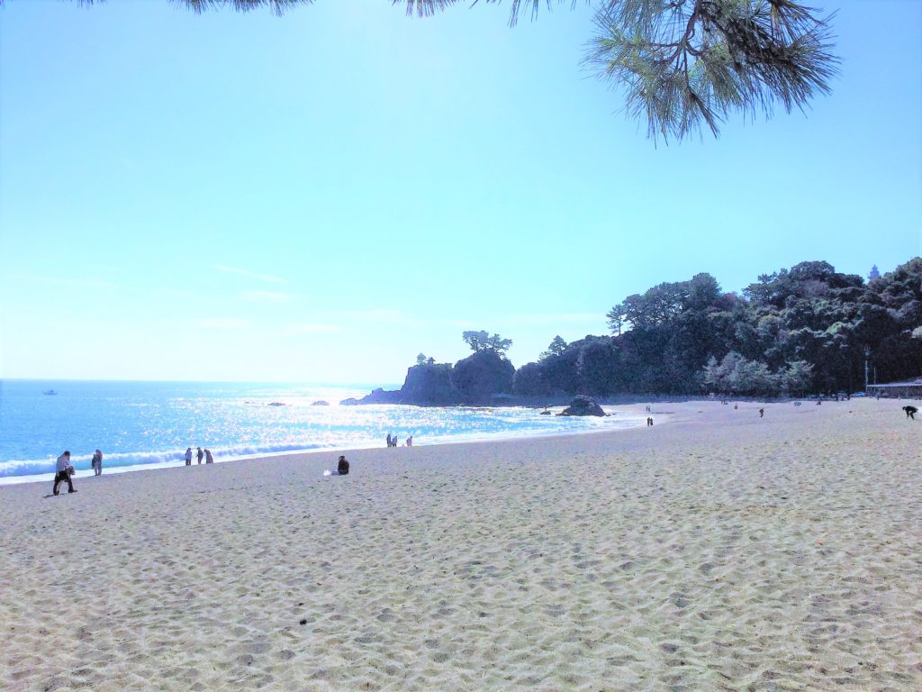 青い海と白い砂浜の桂浜の写真